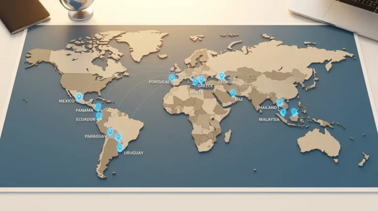 Best countries for overseas residency world map showing top destinations in Latin America, Europe, and Asia with travel pathway connections