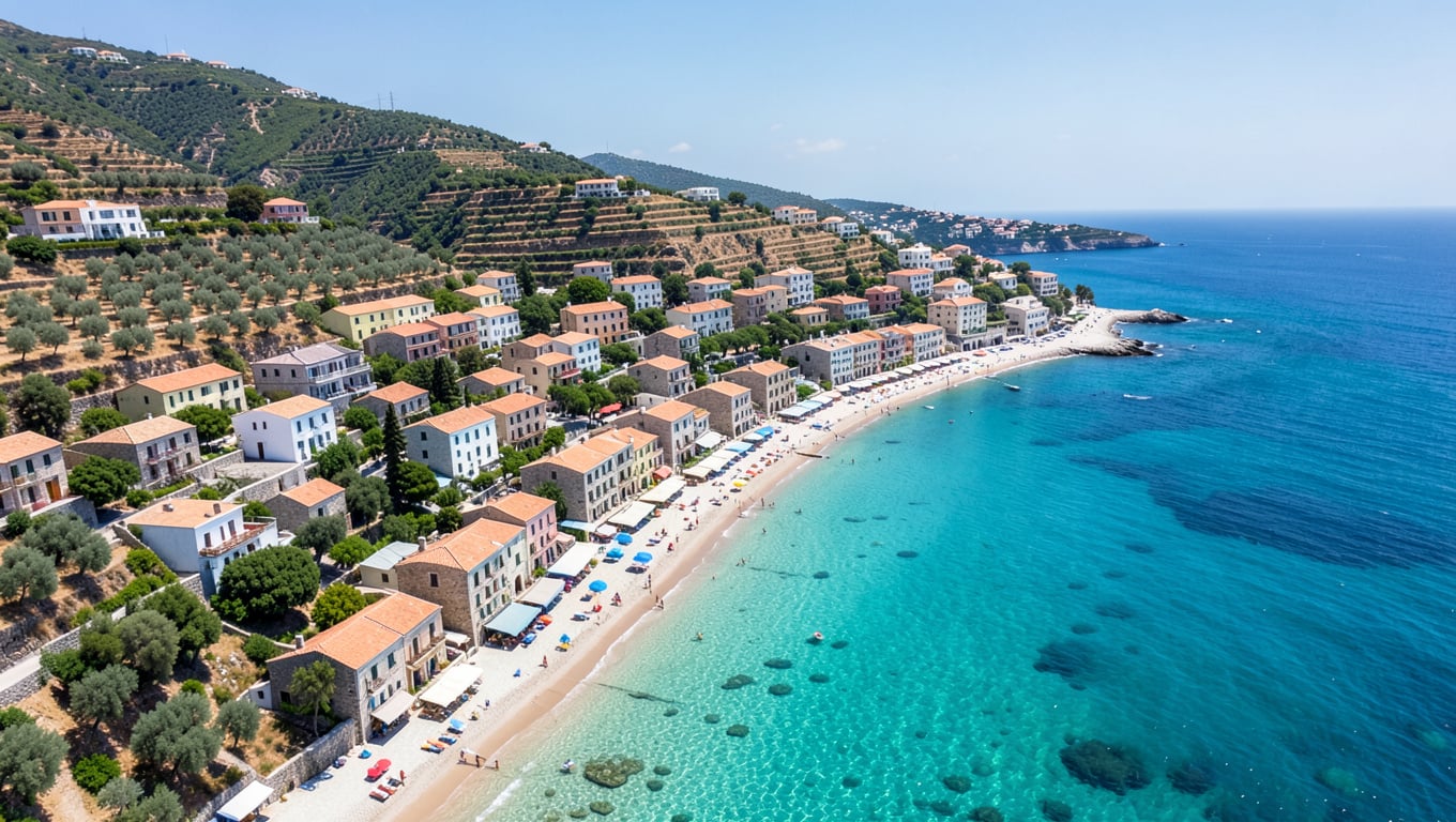 Aerial view of Crete coastline showing Greek island living