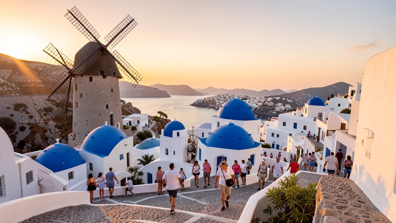 Mykonos windmills and harbor representing Greek retirement lifestyle