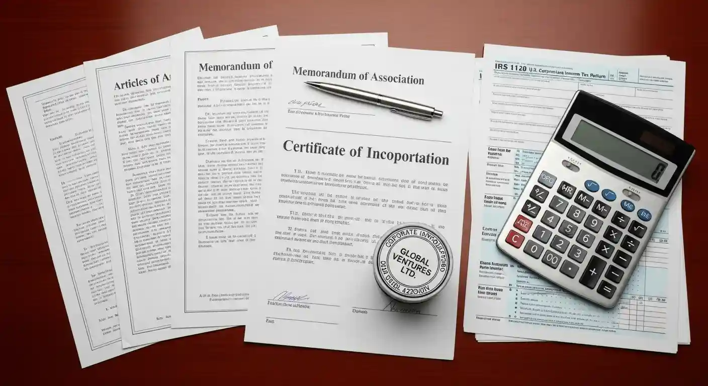 Business incorporation documents and corporate stamp on desk