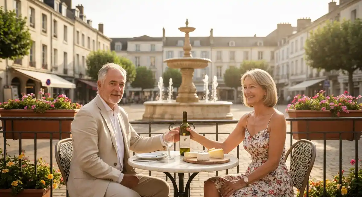 retire in France - couple enjoying cafe terrace in French town square