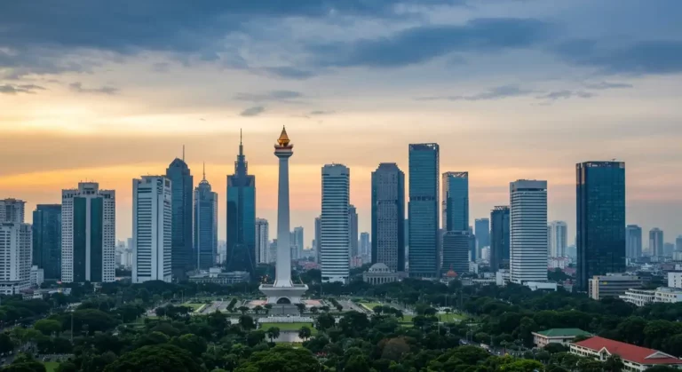 Second passport in Indonesia - Jakarta skyline with Monas National Monument at golden hour
