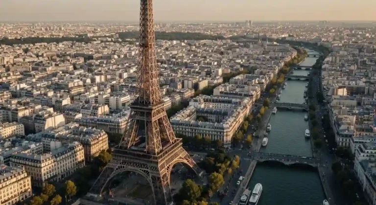 second passport in France - aerial view of Paris with Eiffel Tower at golden hour