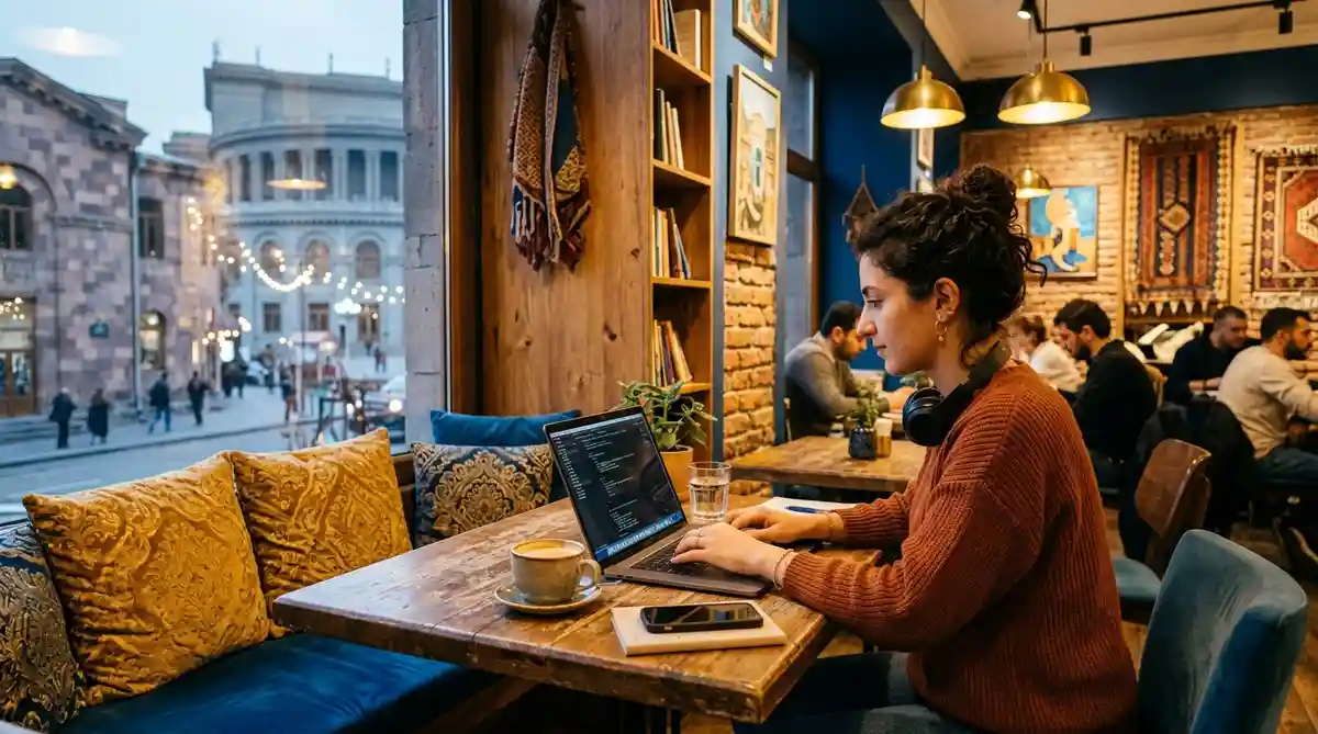 residency in Armenia digital nomad working in a Yerevan cafe