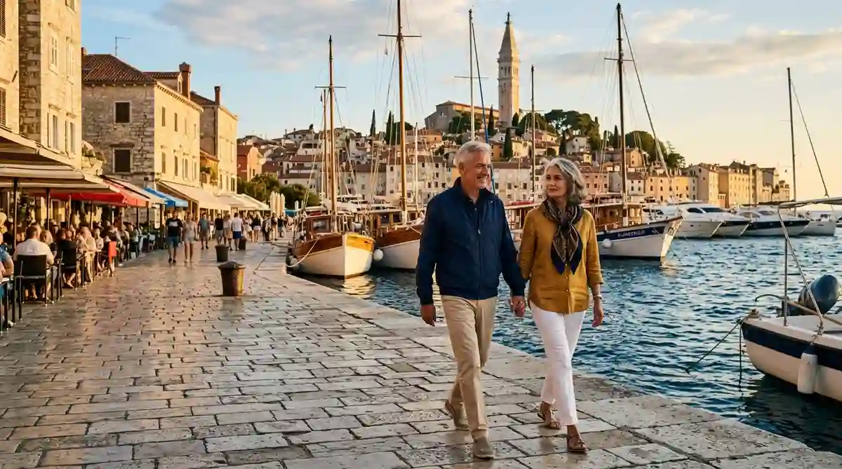 Retire in Croatia - couple walking along a Croatian seaside harbor
