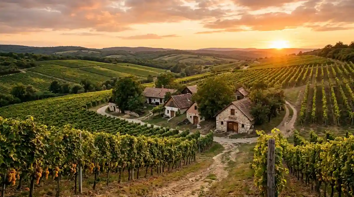 retire in Hungary, Tokaj wine region countryside at sunset