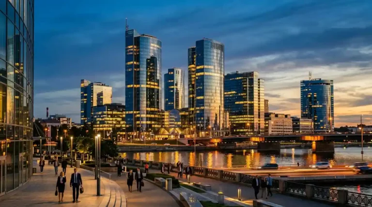 incorporate in Latvia, modern Riga business district glass towers at dusk