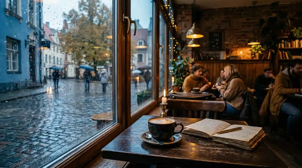 retire in Latvia lifestyle, cozy Riga cafe in autumn