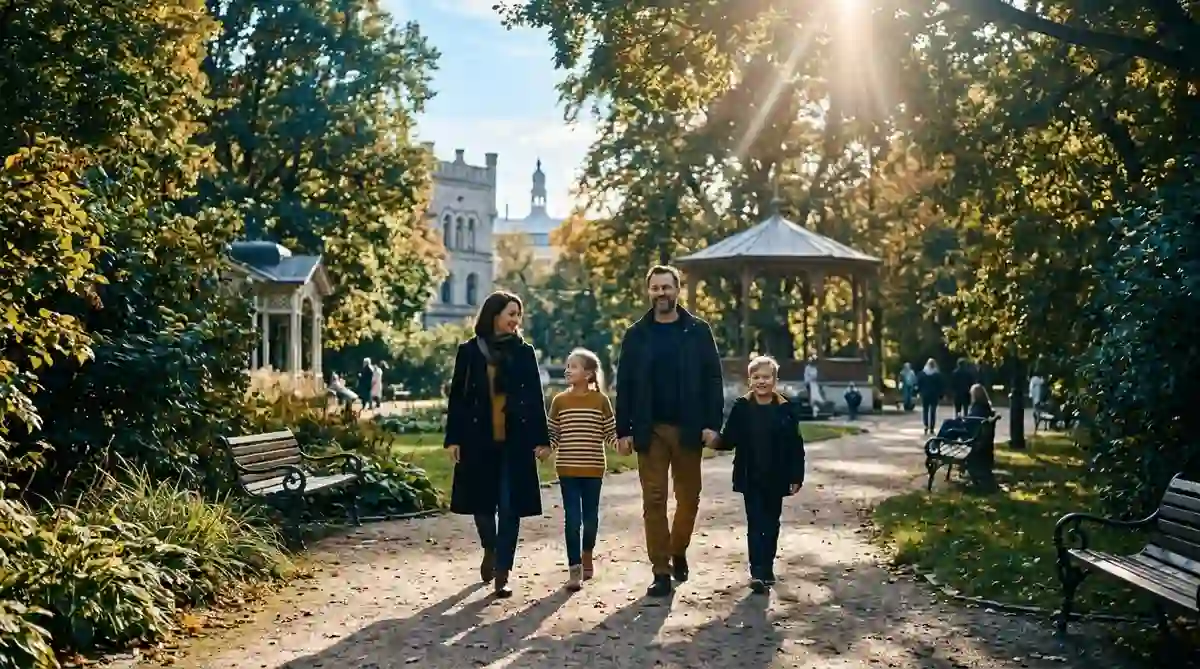 residency in Latvia, a family walking in a Riga city park