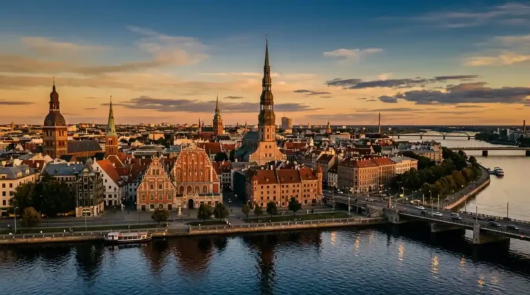 second passport in Latvia guide, Riga old town skyline at golden hour