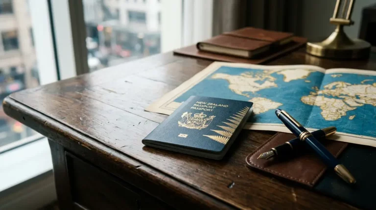 Second passport in New Zealand - passport on a desk beside a world map