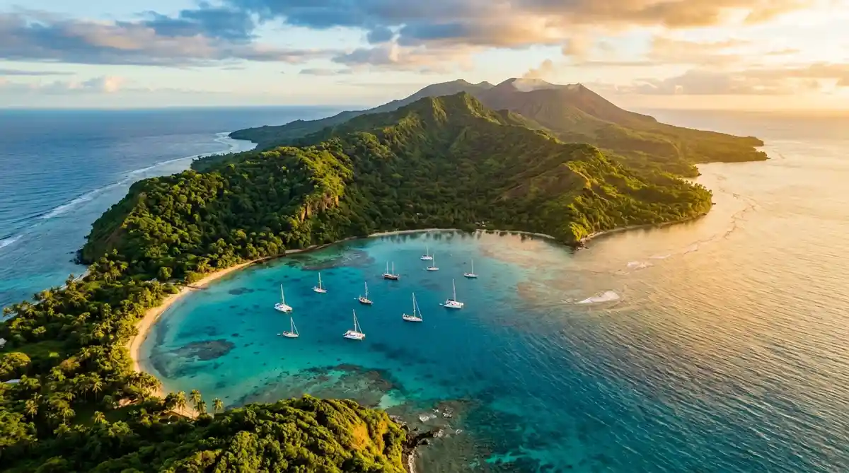 second passport in Vanuatu turquoise lagoon and volcanic island aerial view