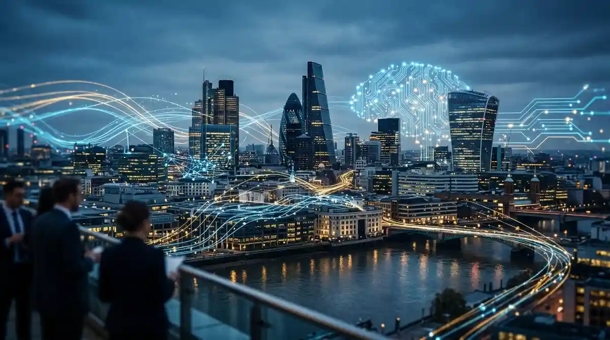 HMRC tax investigation surveillance concept with data streams over the London skyline