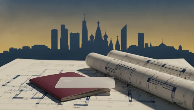 Russia golden visa residence permit and Russian passport on Moscow blueprint