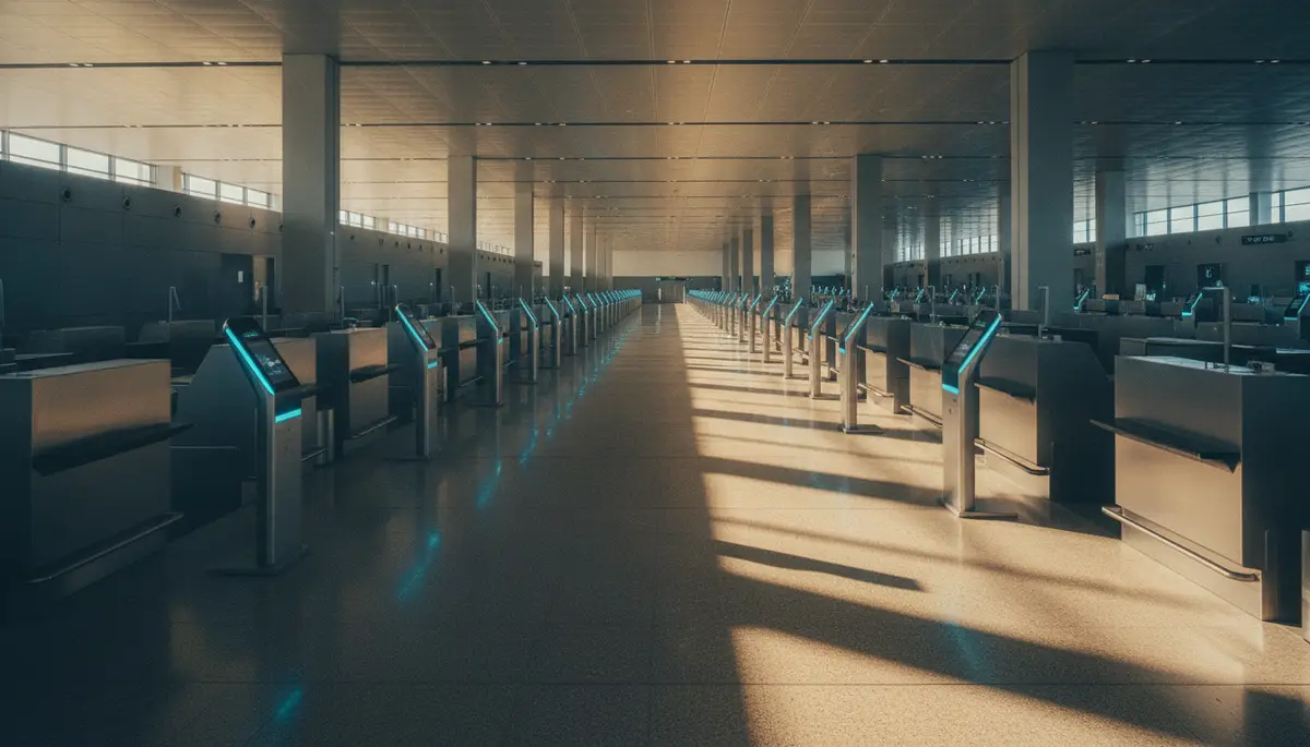 modern airport customs inspection hall with biometric scanning kiosks at a port of entry