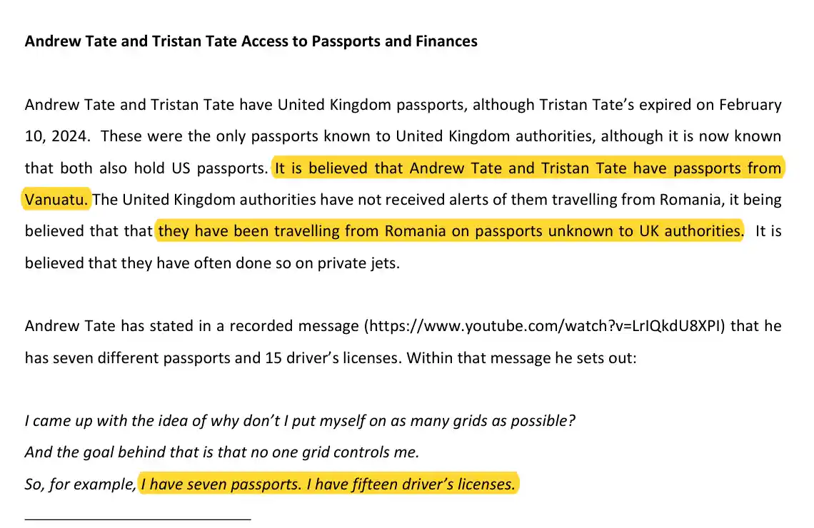 Crown Prosecution Service letter on Tate brothers' passports, Vanuatu citizenship and untracked travel