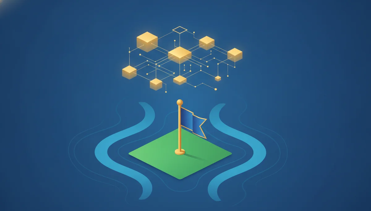 Illustration of Liberland's blockchain governance over disputed Danube land