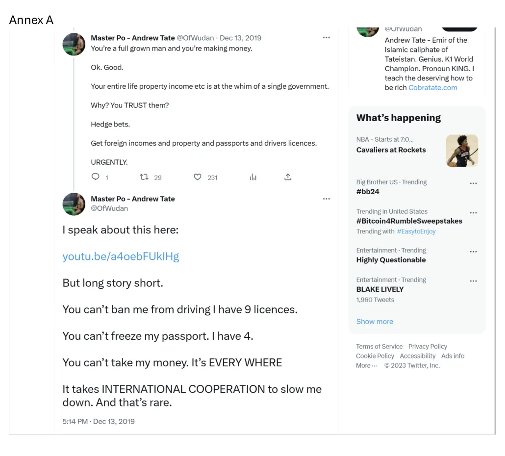 archived Andrew Tate tweet claiming four passports, filed in UK extradition exhibit Annex A
