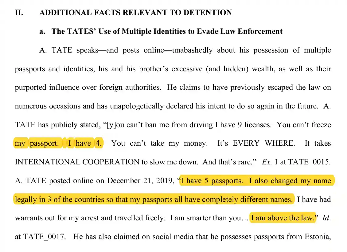 DOJ detention brief page quoting Andrew Tate's five passports and name change claims