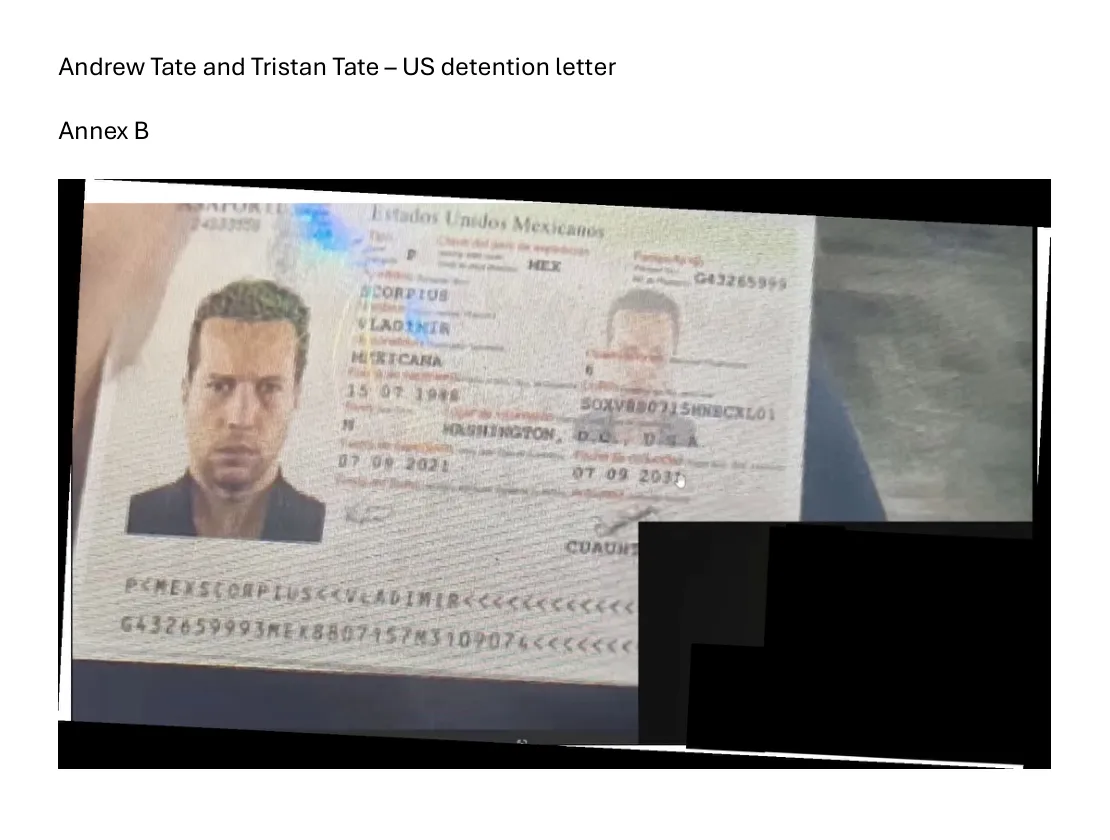 alleged Mexican passport in the name Vladimir Scorpius from extradition exhibit Annex B