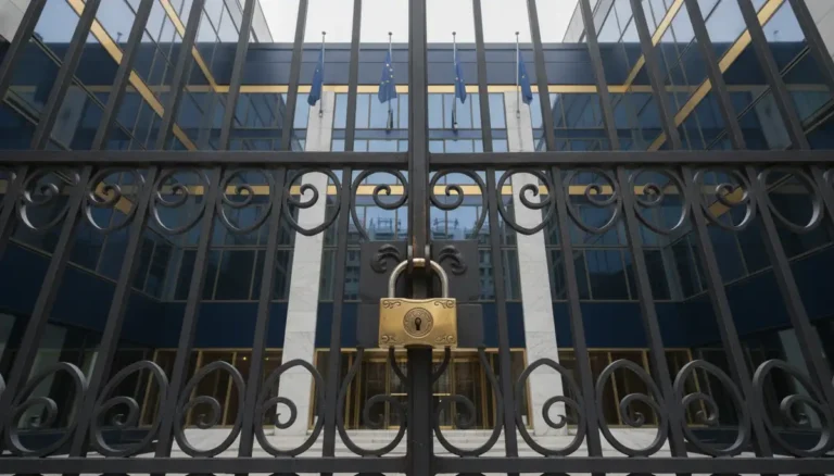 EU foreign bank account ban: closed gate in front of a European bank under EU flags