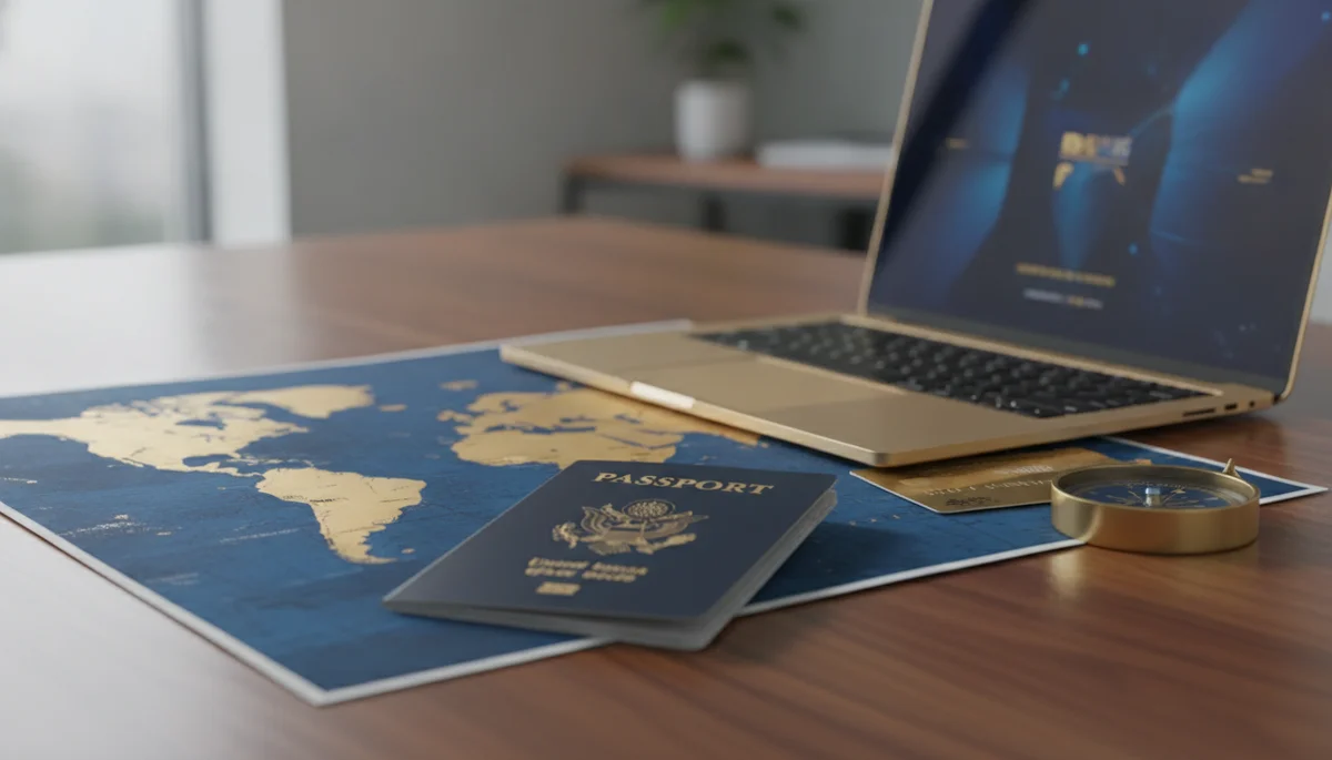 passport, map and bank card showing offshore banking and residency options for EU residents