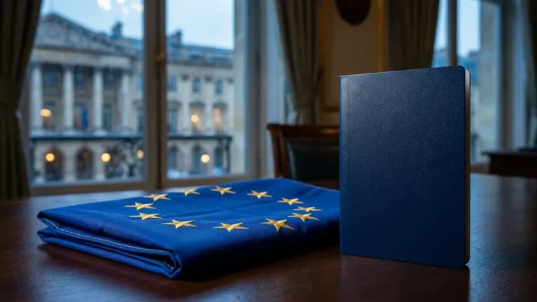 North Macedonia citizenship by investment passport beside an EU flag on a government desk
