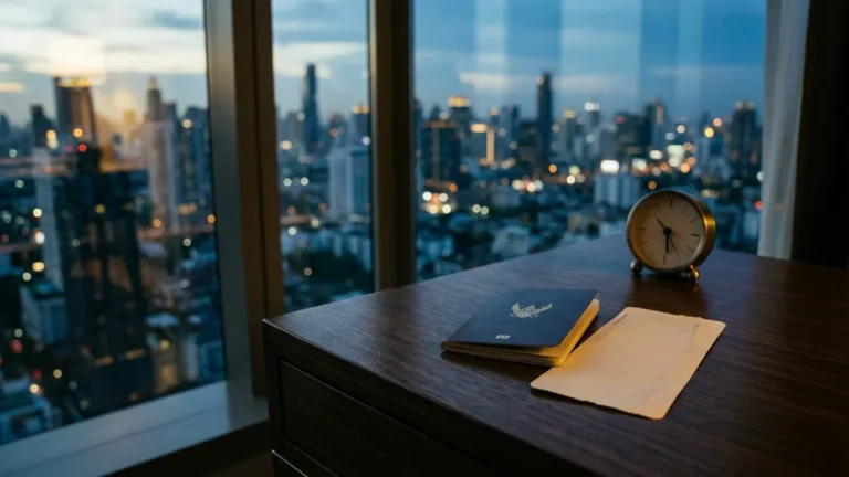 Thailand Privilege visa passport on a desk overlooking the Bangkok skyline at dusk