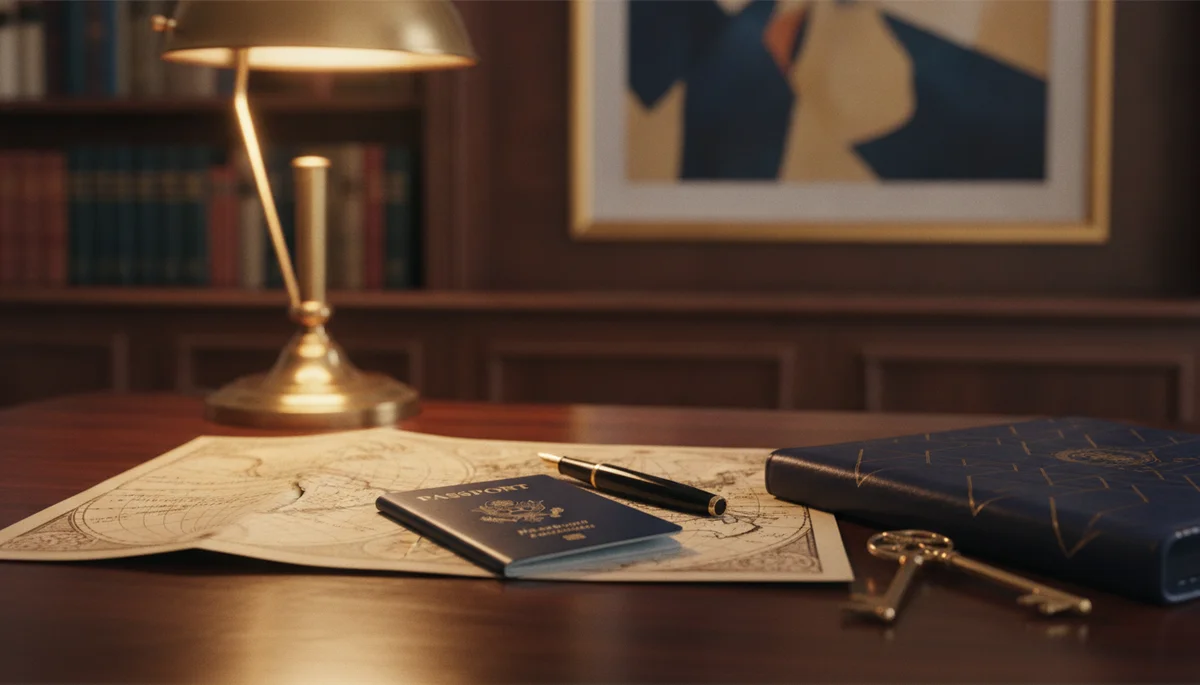 passport, map and keys on an advisory desk for residency planning
