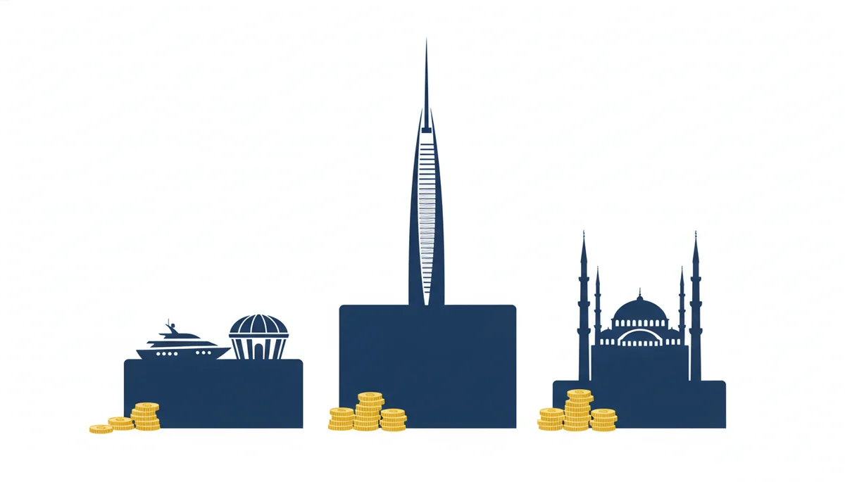 infographic of Monaco, Dubai and Istanbul landmarks with cost stacks