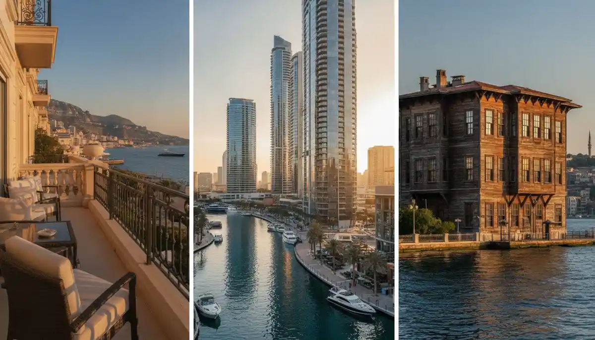 Monte-Carlo terrace, Dubai Marina towers and Istanbul Bosphorus mansion side by side