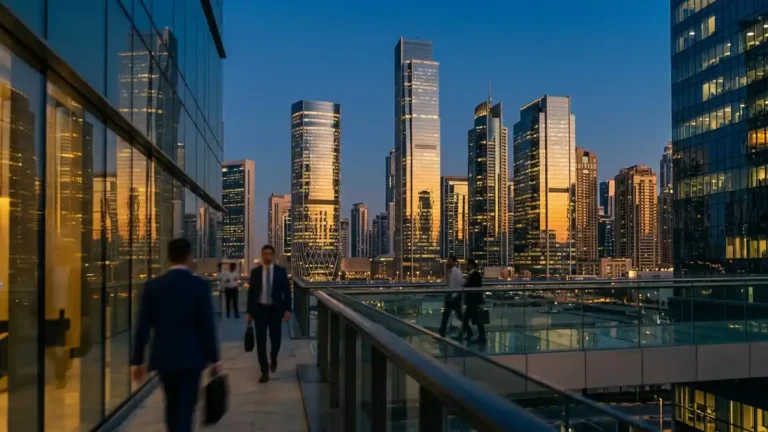 UAE free zone corporate tax over the Dubai financial district skyline at dusk