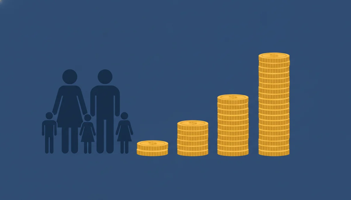 family of four beside rising coin stacks showing Argentina CBI program family contribution amounts
