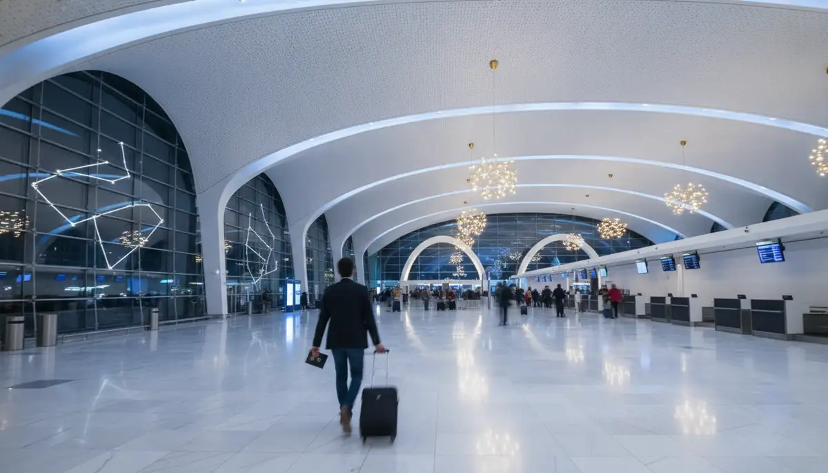 traveller with an Argentine passport by investment walking through an international airport departure hall