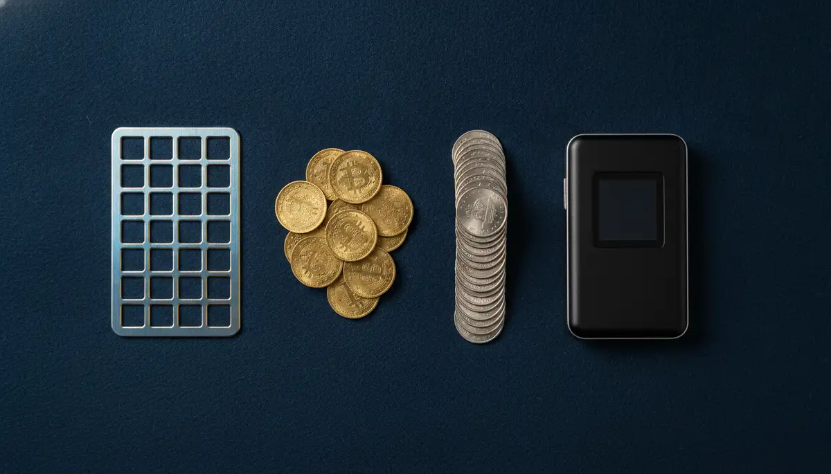steel seed backup plate, coins and hardware wallet for holding crypto without exchange ID checks