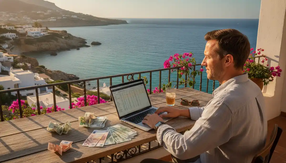 British expat managing sterling, euro and dollar offshore accounts from a Mediterranean balcony
