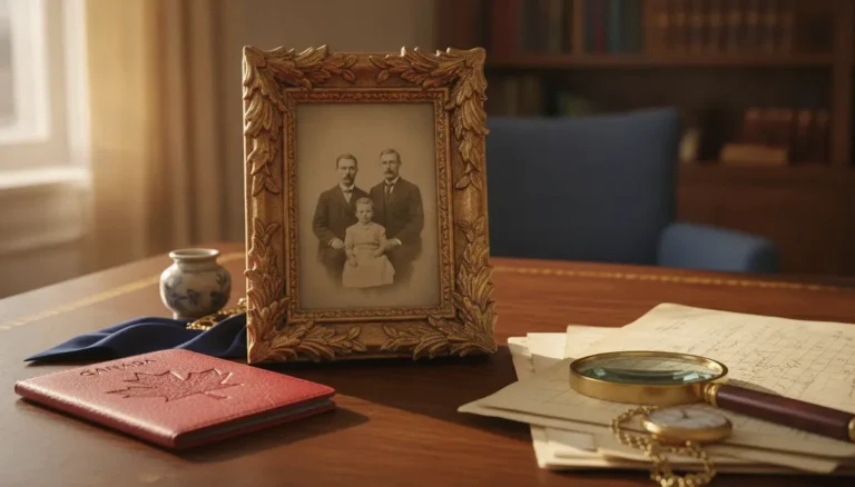 Canadian citizenship by descent great grandparent: vintage family portrait beside a Canadian passport