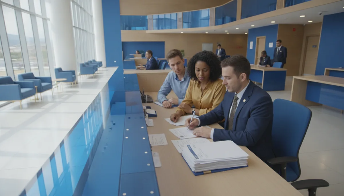 foreign spouse and Ecuadorian partner reviewing residence visa paperwork in Quito