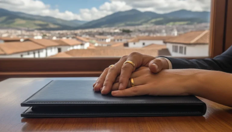 Ecuador citizenship by marriage, a couple's hands with wedding rings over documents in Quito