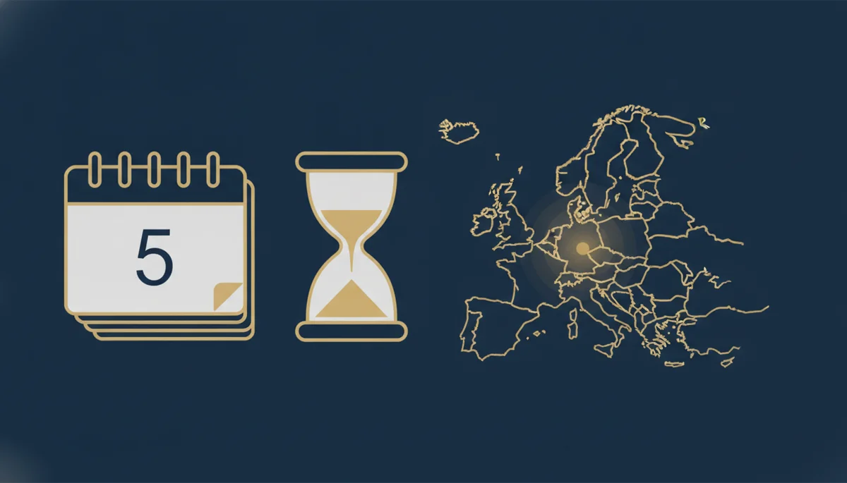 Calendar and hourglass over a map of Europe showing the five-year wait for EU long-term resident status
