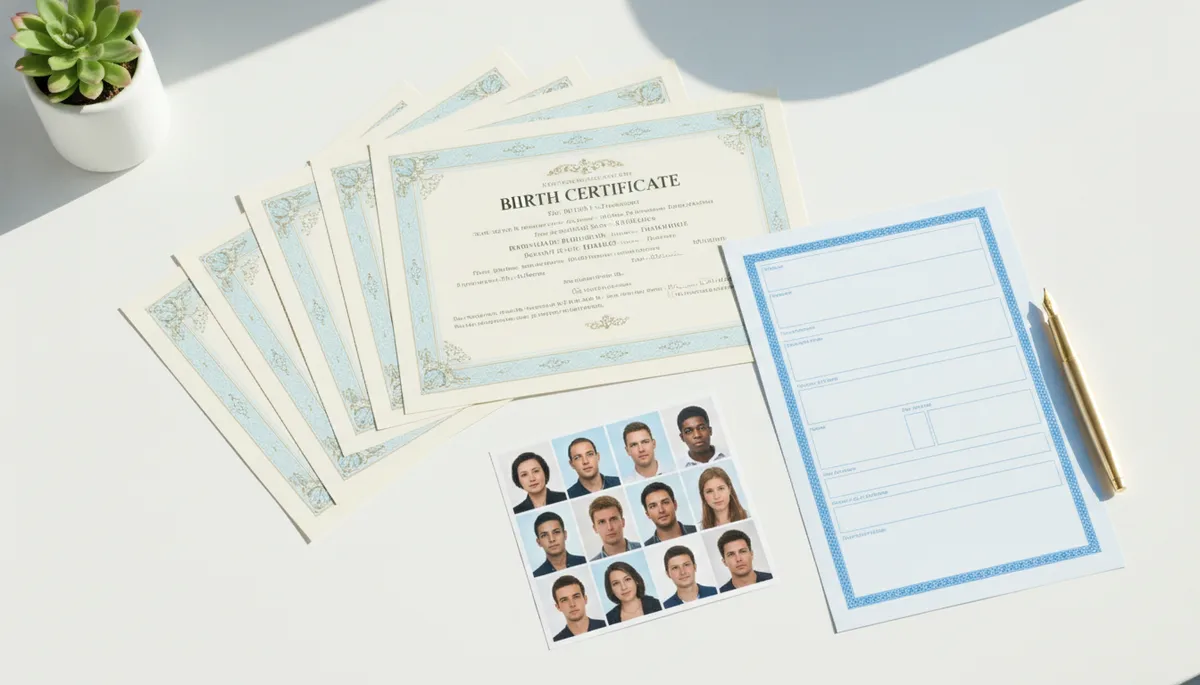 birth certificates, photos and form for a Foreign Birth Registration application