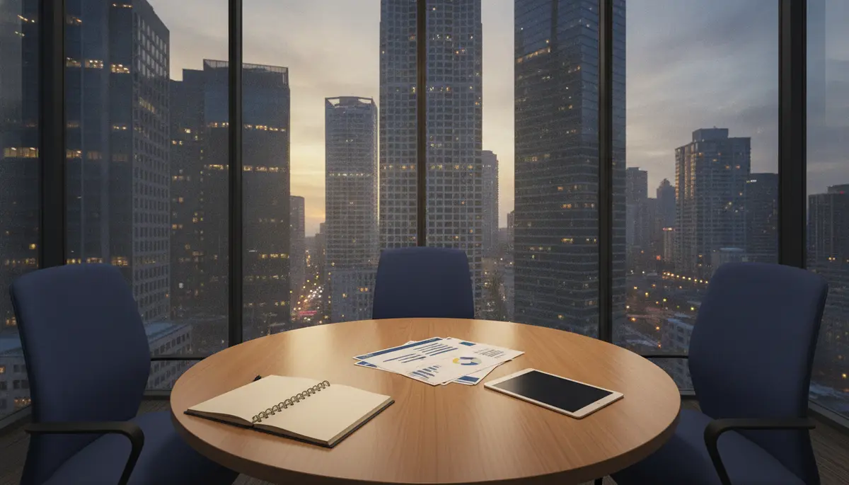 glass-walled meeting room with notebook and reports overlooking city towers at dusk