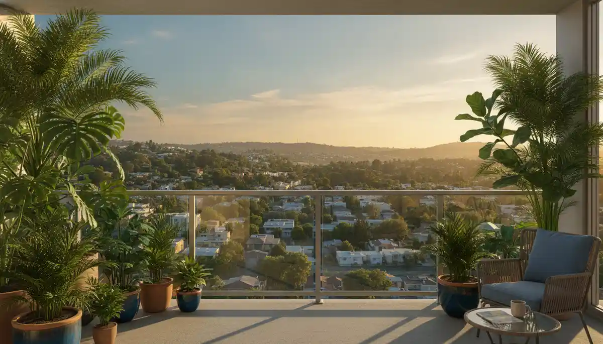 apartment balcony with tropical plants overlooking a green hillside city at sunset