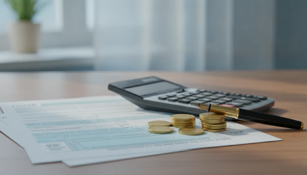 tax forms, calculator and stacked coins on a desk in soft window light