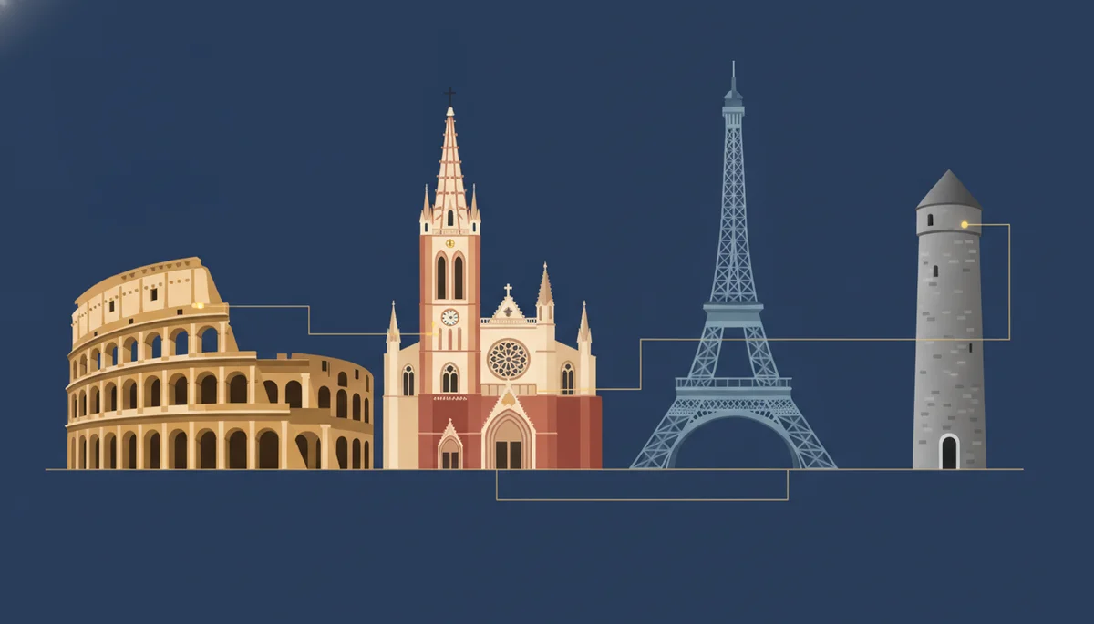 Colosseum, Spanish cathedral, Eiffel Tower and Irish round tower comparing EU spouse citizenship routes