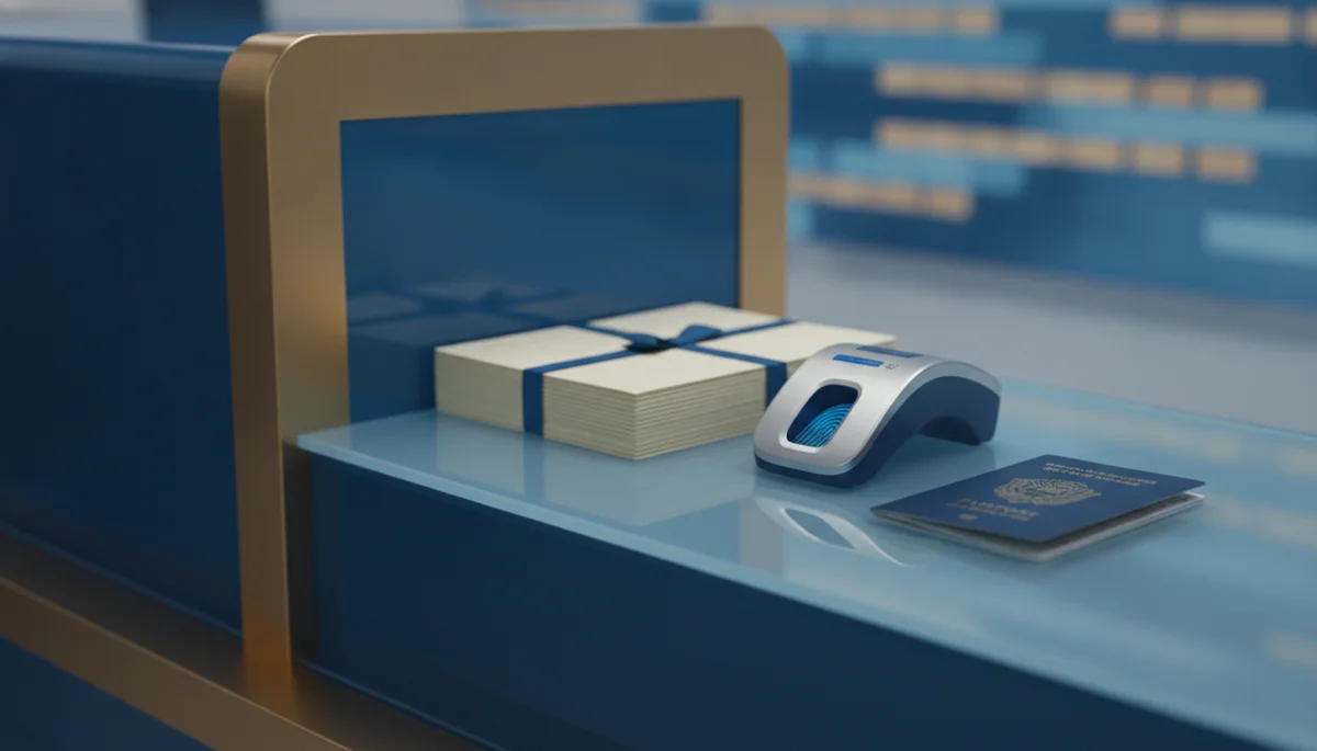 French visa centre desk with passport, fingerprint scanner and VLS-T application documents