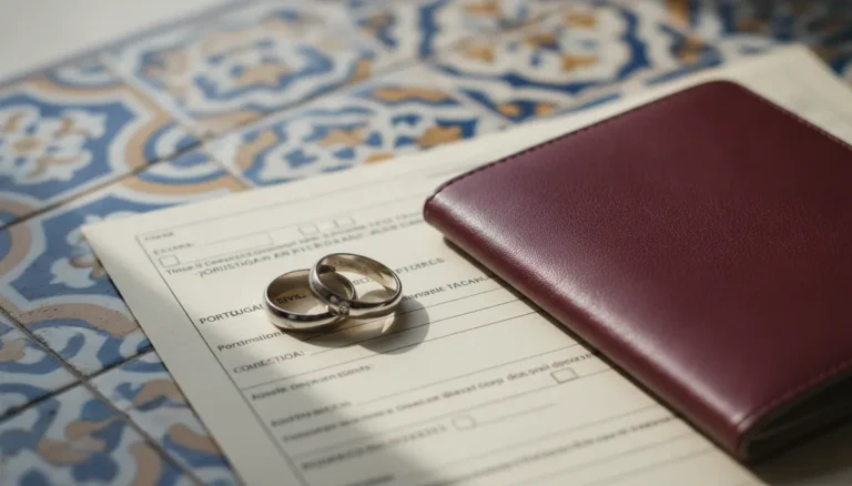 Portuguese citizenship by marriage: wedding rings on a civil registry form beside a passport