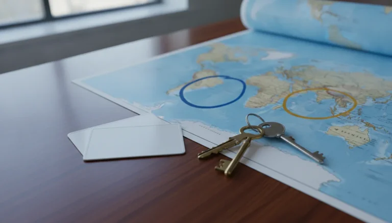 resident of two countries with homes and residence cards on a world map