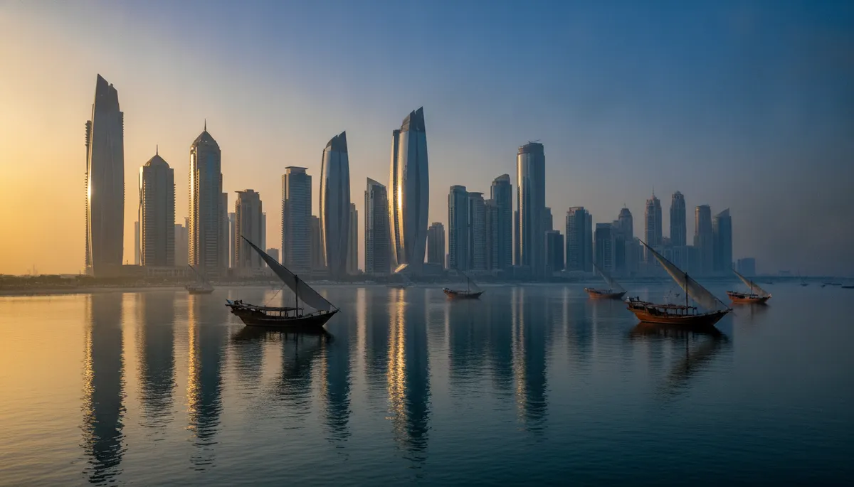 desert city skyline at sunrise with glass towers and wooden sailing boats