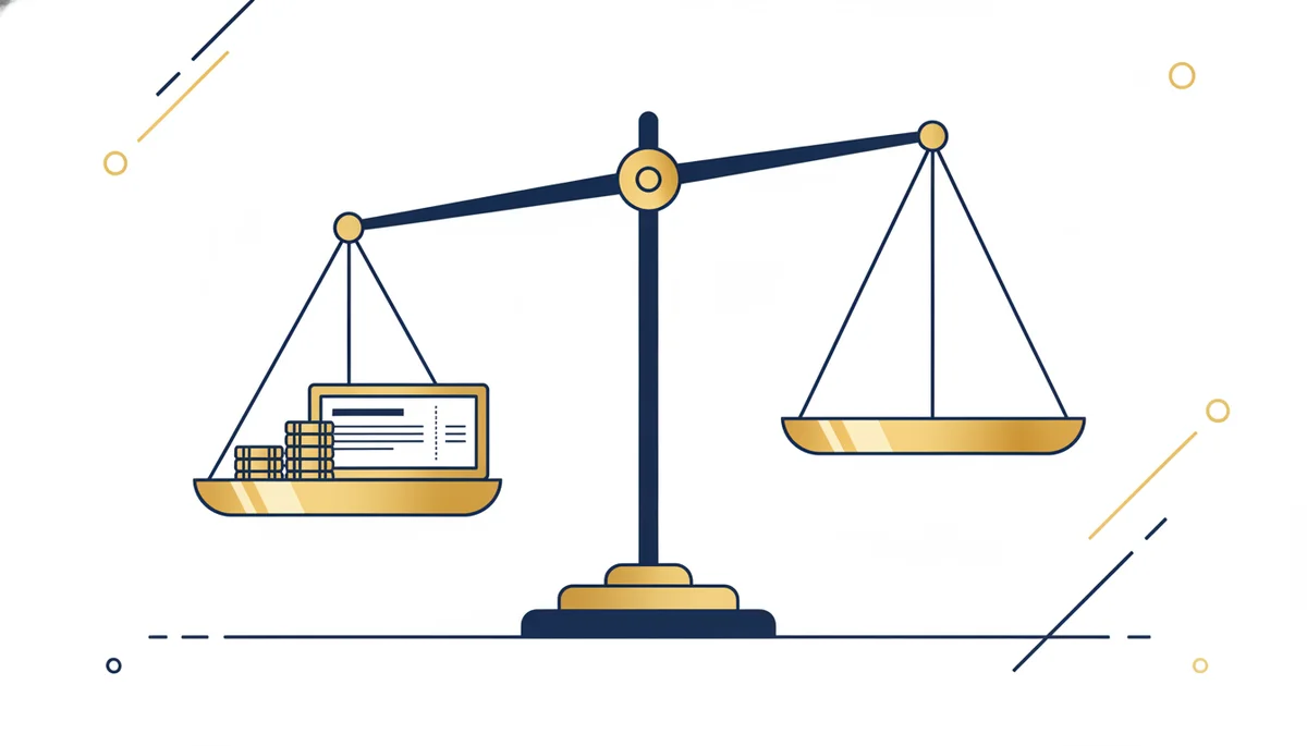 illustration of a balance scale weighing a payslip and coins against an empty pan